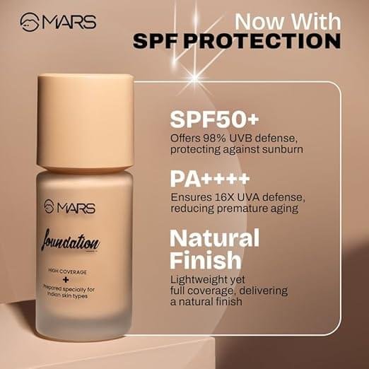 MARS SPF50 PA++++ High Coverage Foundation | IN-VIVO Tested with 5 Star UVA+UVB Protection Boots Rating | Blemish Free & Blendable Makeup | For All Skin Type (40ml) (SHADE-05) - Image 4