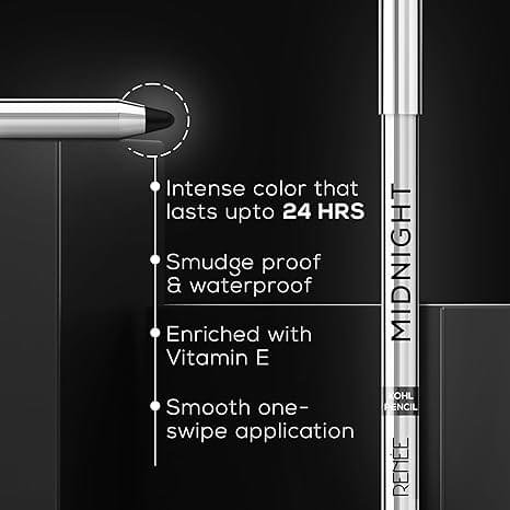 RENEE Midnight Kohl Kajal Pencil | Waterproof, Smudgeproof With Sharpener | 24 Hours Long Stay | Darkest Black | One Swipe Application | Vitamin E, Olive Oil and Castor Oil | Matte Finish |1.5 Gm - Image 4